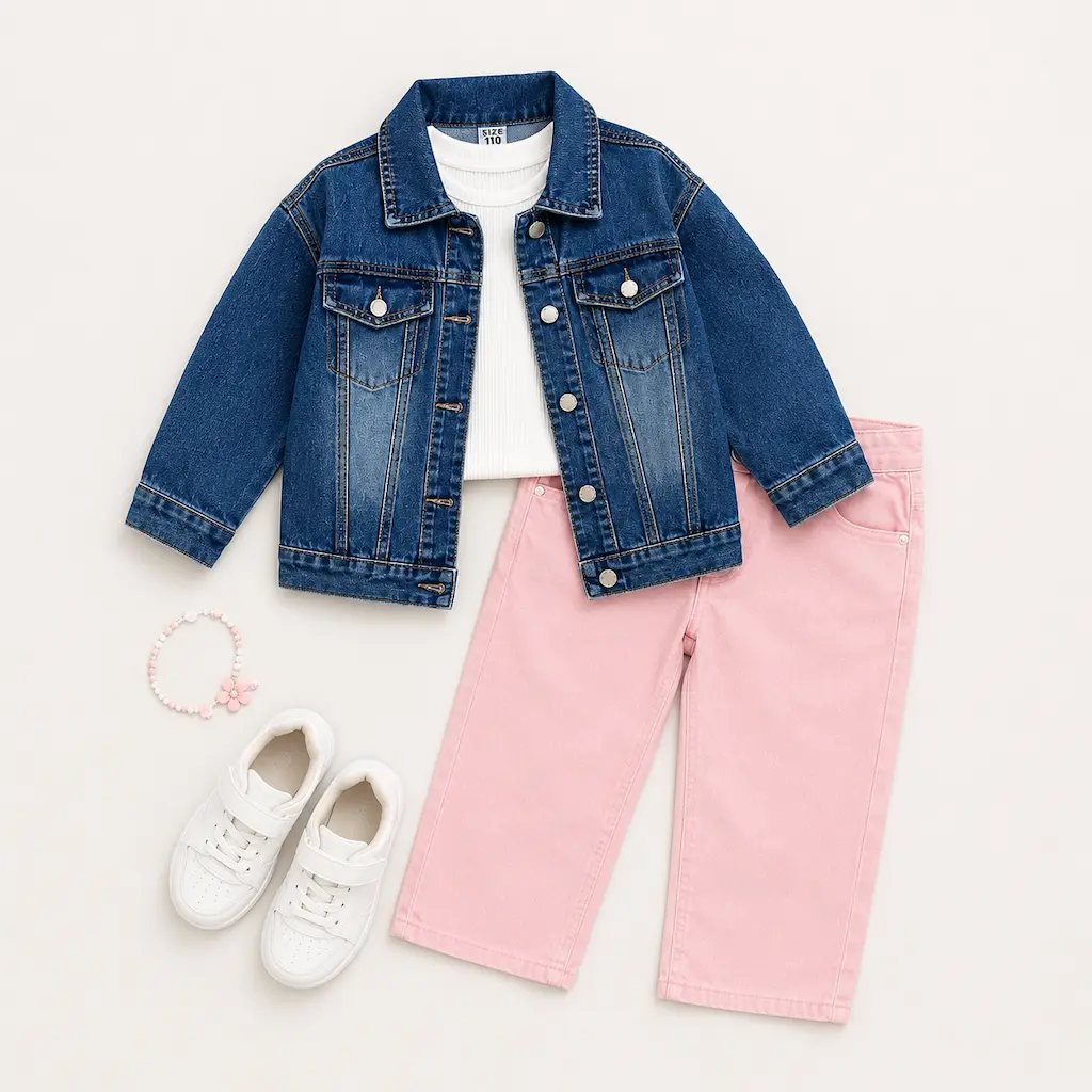 Conjunto infantil con chaqueta denim azul, camiseta blanca y pantalón rosa mostrado en fotografía plana de producto.