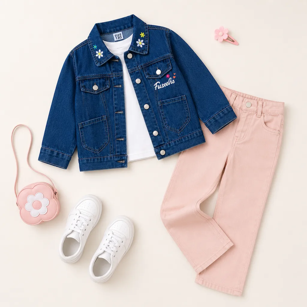 Flat lay of girls denim jacket outfit with matching inner top and pants for Colombia kids clothing wholesale