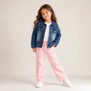 Niña colombiana con chaqueta denim infantil azul, camiseta blanca y pantalón rosa, conjunto de moda infantil para niñas.