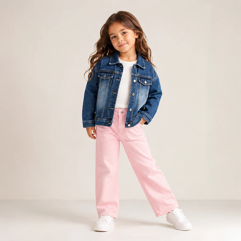 Niña colombiana con chaqueta denim infantil azul, camiseta blanca y pantalón rosa, conjunto de moda infantil para niñas.