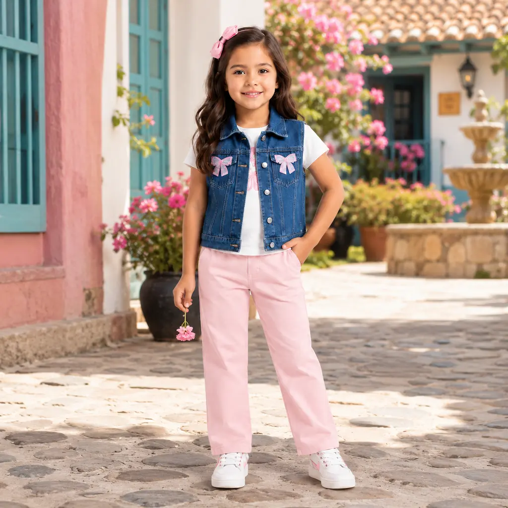 Look de moda infantil para niña con chaleco de mezclilla azul y ropa cómoda