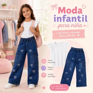 Moda infantil para niña con pantalón denim azul cómodo y elegante para uso diario