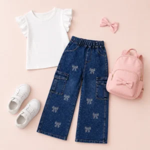 Conjunto de moda infantil con pantalón vaquero para niña, camiseta blanca y accesorios