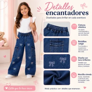 Detalles del pantalón vaquero infantil con cintura elástica, bolsillos laterales y estampado de lazos