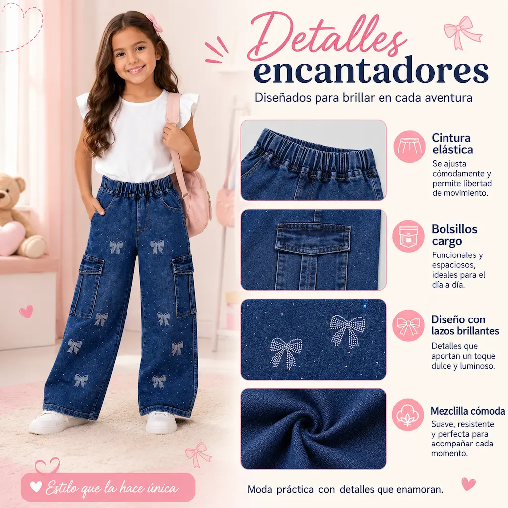 Detalles del pantalón vaquero infantil con cintura elástica, bolsillos laterales y estampado de lazos