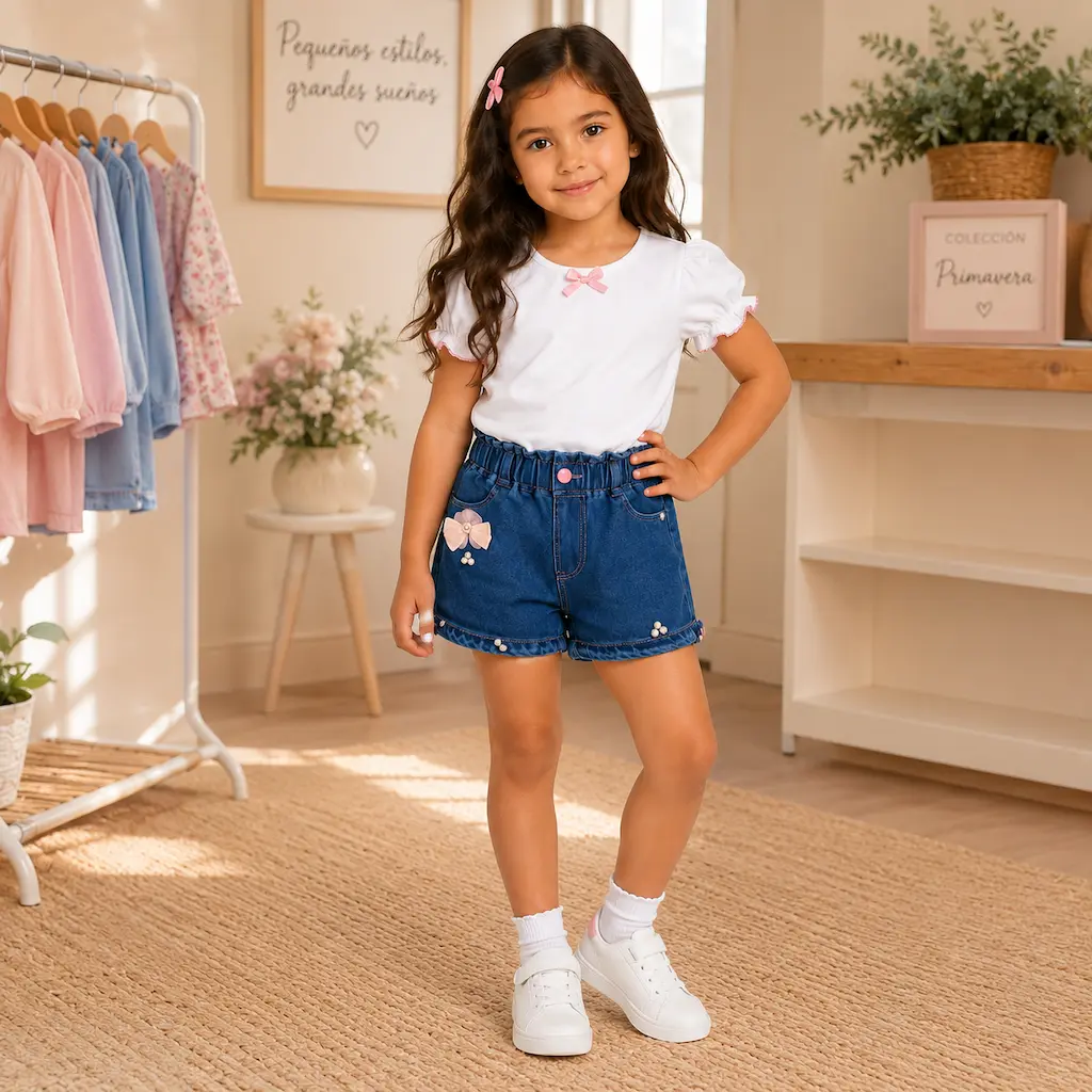 Moda infantil colombiana con shorts de jean para niña, ideal para tiendas de ropa infantil al por mayor