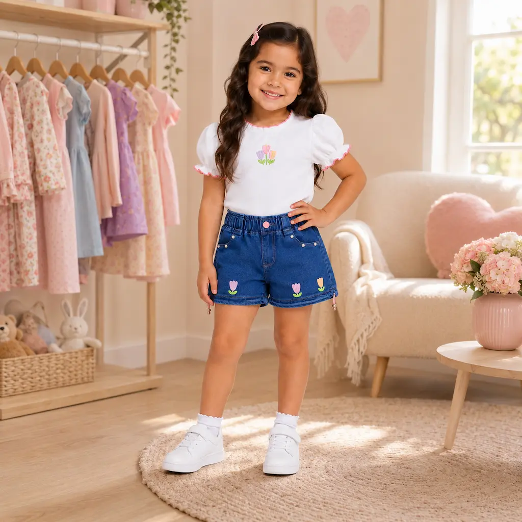 Moda infantil para niña con shorts de mezclilla y blusa blanca, ideal para boutiques y mayoristas en Colombia