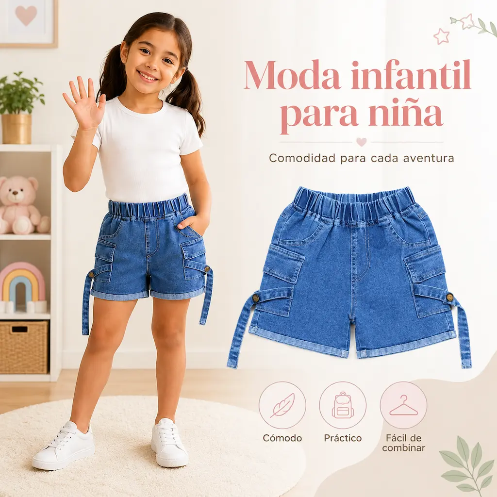 Detalles de shorts de mezclilla para niña con cintura elástica y bolsillos laterales