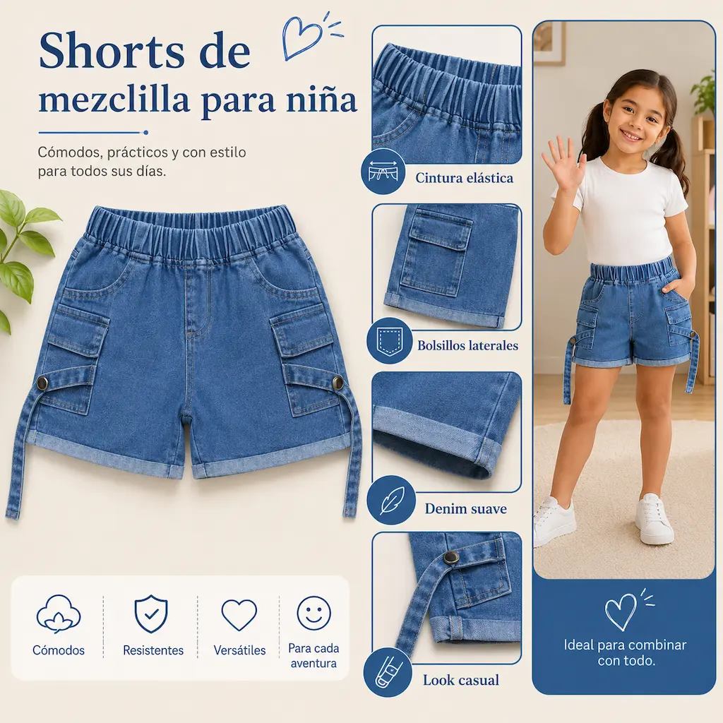 Moda infantil para niña con shorts de mezclilla cómodos, prácticos y fáciles de combinar