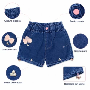 Características de shorts infantiles para niña: cintura elástica, botón rosa, diseño cómodo y denim suave