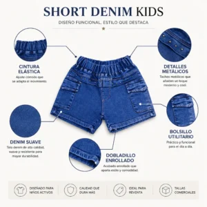 Características del short de mezclilla infantil para niñas, diseño cómodo ideal para tiendas de ropa en Colombia