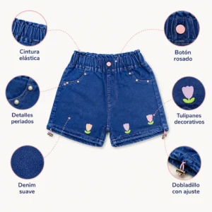 Características de shorts infantiles para niña: cintura elástica, denim suave, detalles perlados y flores decorativas