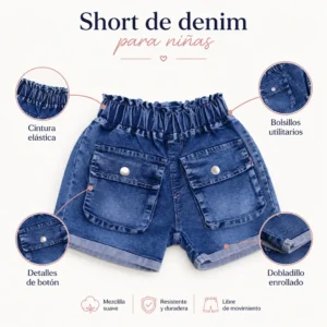 Características del short de jean infantil para niñas, cintura elástica, bolsillos funcionales y ropa infantil mayorista Colombia