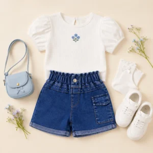 Conjunto infantil con short denim para niña, ropa casual para niños disponible al por mayor en Colombia