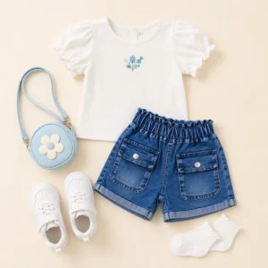 Conjunto infantil con short de mezclilla para niñas, moda infantil al por mayor para negocios en Colombia