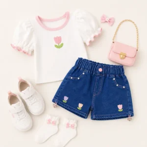 Conjunto infantil para niña con shorts de mezclilla azul, camiseta blanca y accesorios, ropa al por mayor en Colombia