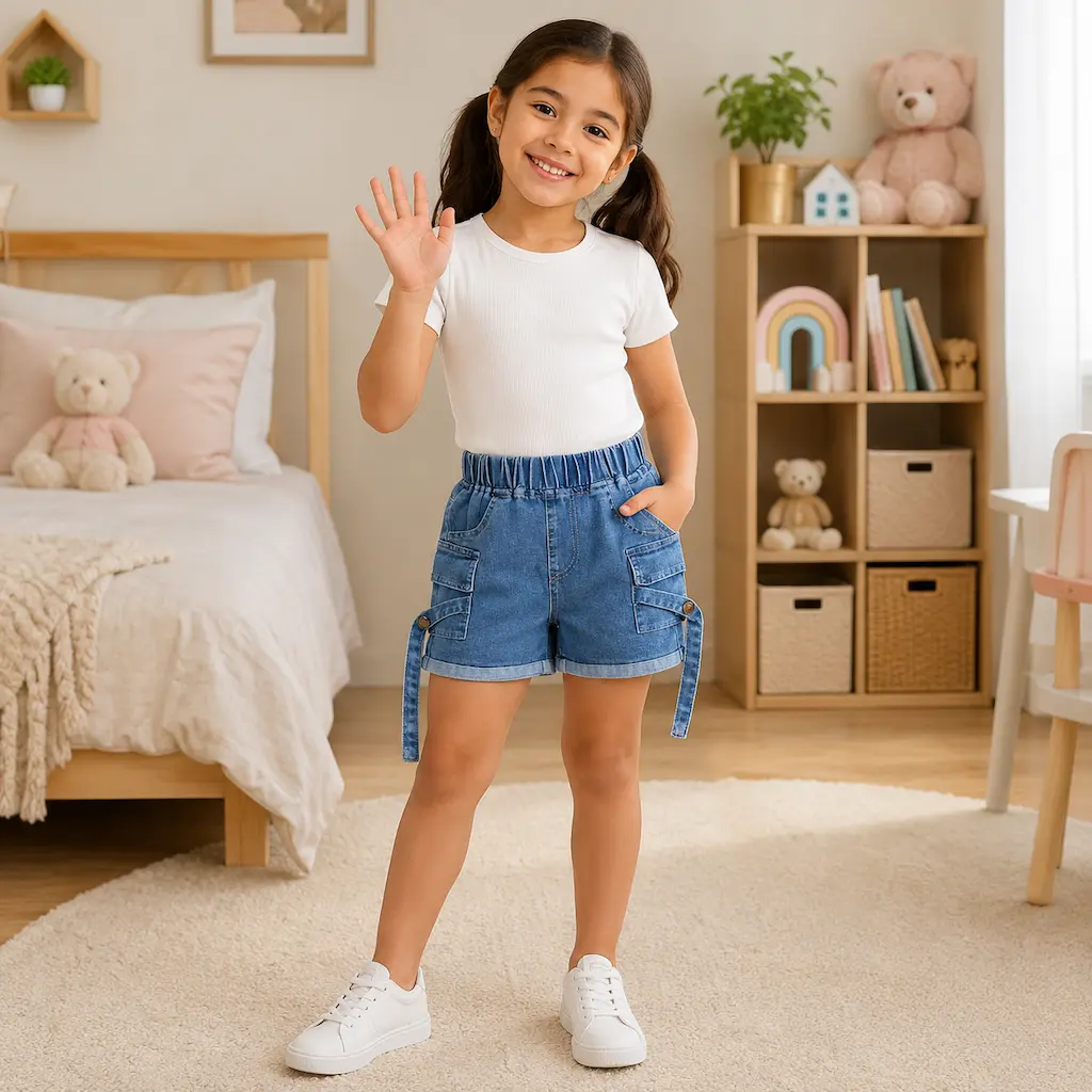 Niña colombiana usando shorts de mezclilla con look casual y tierno