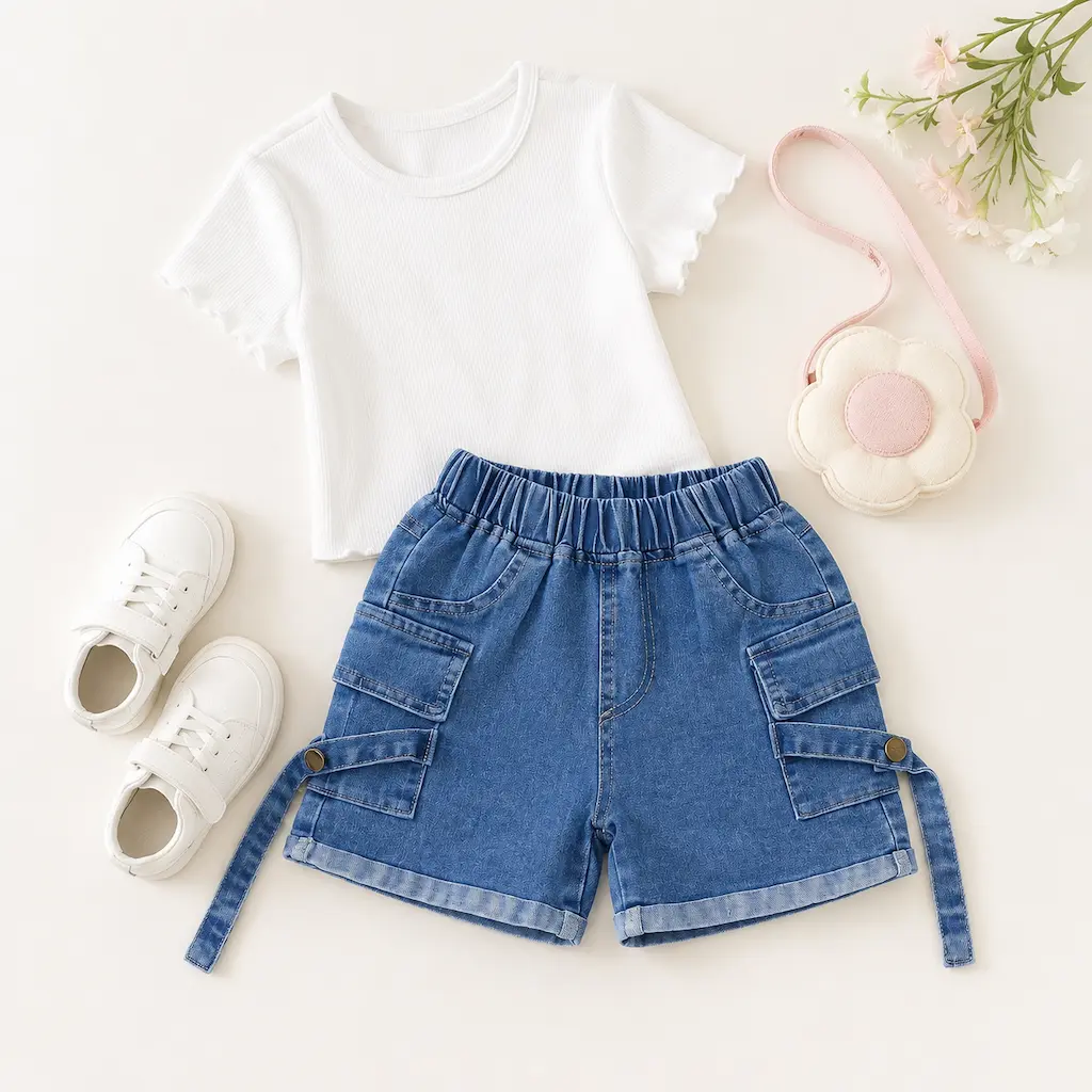 Conjunto infantil para niña con shorts de mezclilla, camiseta blanca y accesorios