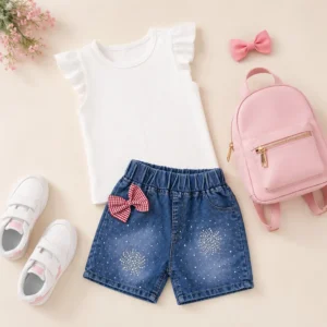 Conjunto infantil con shorts de mezclilla para niña y camiseta blanca