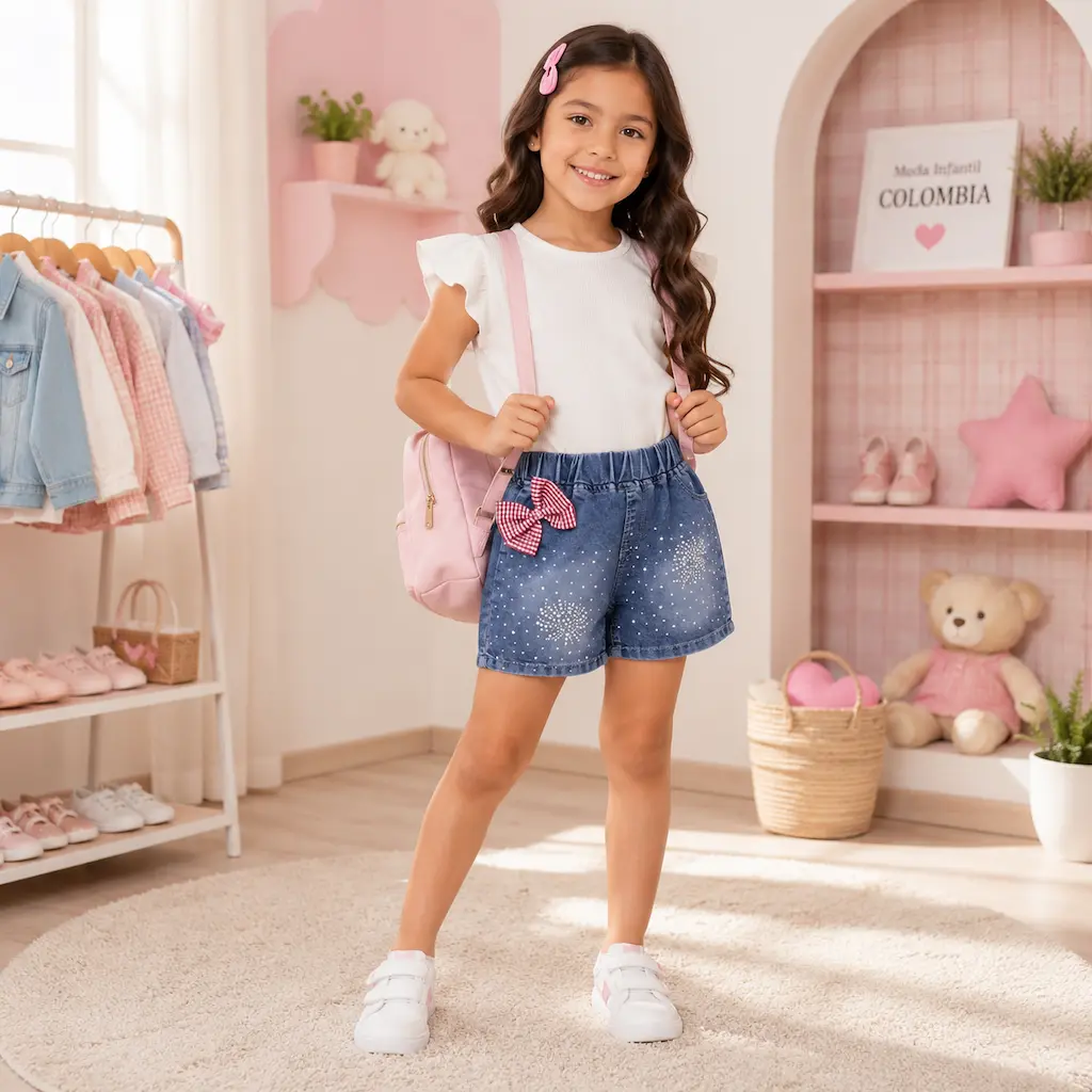 Niña colombiana usando shorts de mezclilla con lazo rosa y diseño brillante