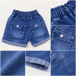 Detalle de short de mezclilla para niñas con bolsillos delanteros y acabado de calidad para venta mayorista en Colombia