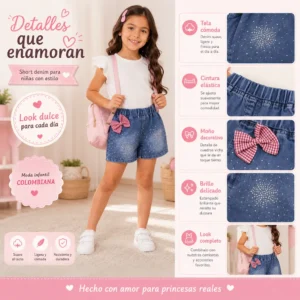 Detalles del short denim infantil con cintura elástica, lazo decorativo y estampado brillante