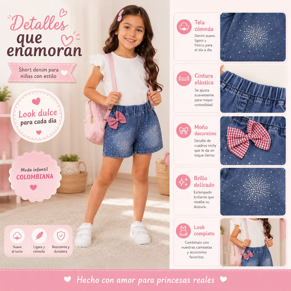 Detalles del short denim infantil con cintura elástica, lazo decorativo y estampado brillante