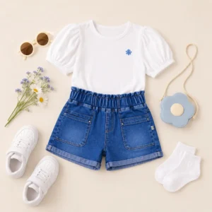 Conjunto infantil para niña con shorts de jean azul y camiseta blanca, ideal para venta mayorista en Colombia