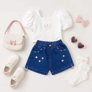Conjunto infantil de niña con shorts de mezclilla azul y blusa blanca, estilo verano colombiano