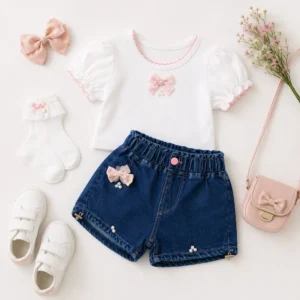 Conjunto infantil de niña con shorts de mezclilla azul y camiseta blanca, ropa de verano para mayoristas colombianos