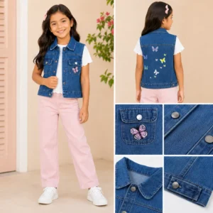 Detalle del chaleco vaquero para niña con diseño de mariposas en la parte trasera, ideal para moda infantil al por mayor en Colombia.