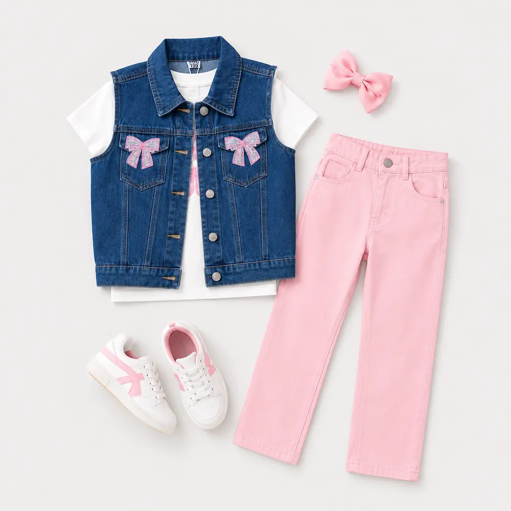 Set de ropa infantil para niña con chaleco vaquero, camiseta blanca y pantalón rosa