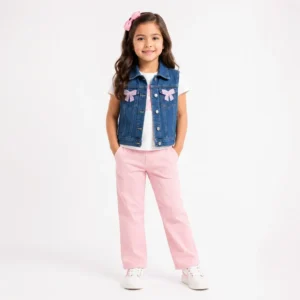 Niña con chaleco vaquero azul y pantalón rosa, conjunto de moda infantil al por mayor