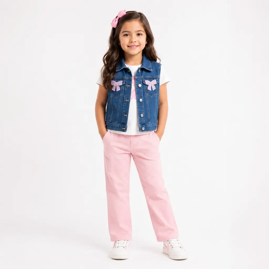 Niña con chaleco vaquero azul y pantalón rosa, conjunto de moda infantil al por mayor