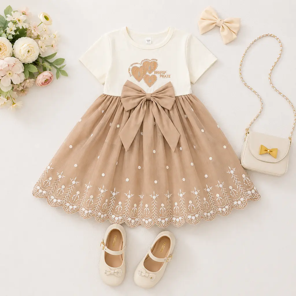 Vestido infantil beige para niña mostrado en composición de producto con accesorios