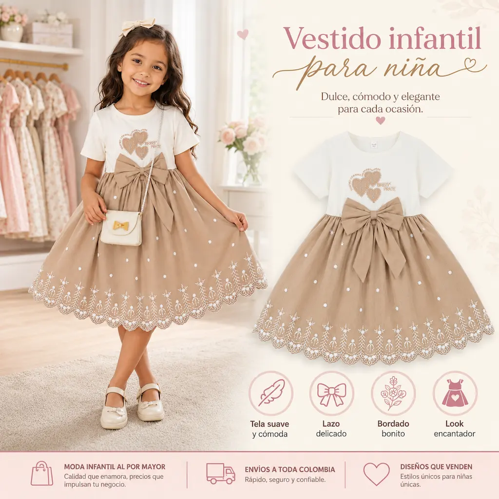 Detalles del vestido infantil para niña con lazo, estampado de corazones y bordado delicado