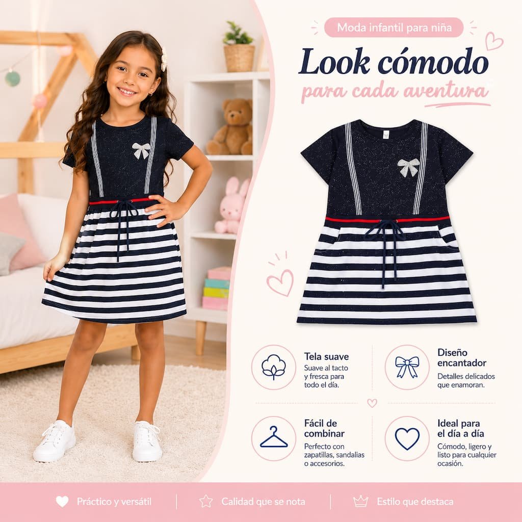 Detalle de vestido infantil para niña con diseño de rayas azul marino y estilo moderno.cómodo para uso diario.