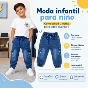 Detalles de pantalones cargo infantiles con cintura ajustable, bolsillos funcionales y tela denim cómoda