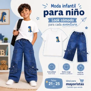Moda infantil para niño con pantalón cargo de mezclilla cómodo y moderno