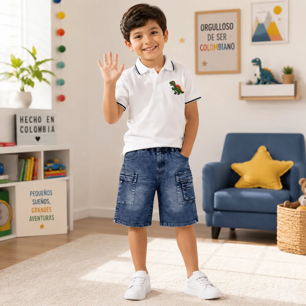 Niño colombiano usando shorts de mezclilla cargo con camisa polo blanca infantil