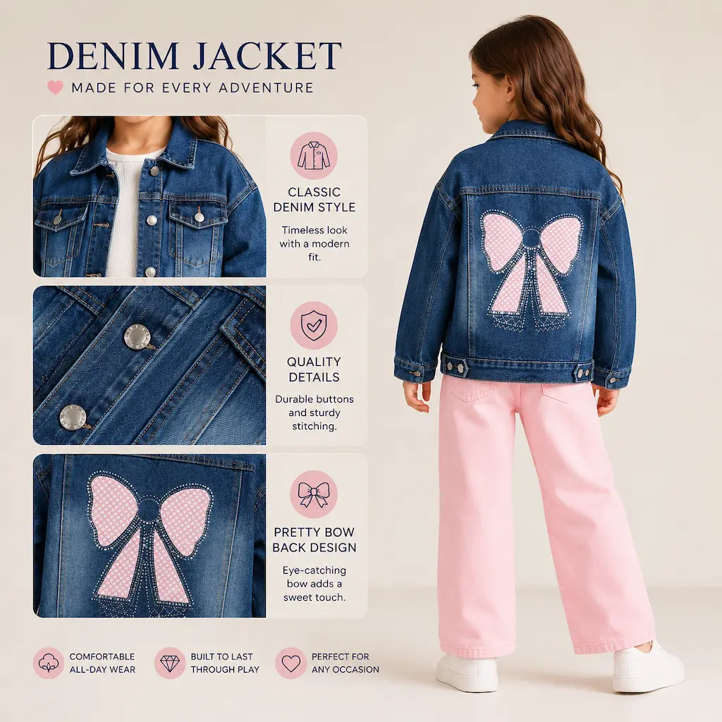 Detalle de la parte trasera de una chaqueta denim infantil con diseño de lazo, costuras y acabado de calidad.