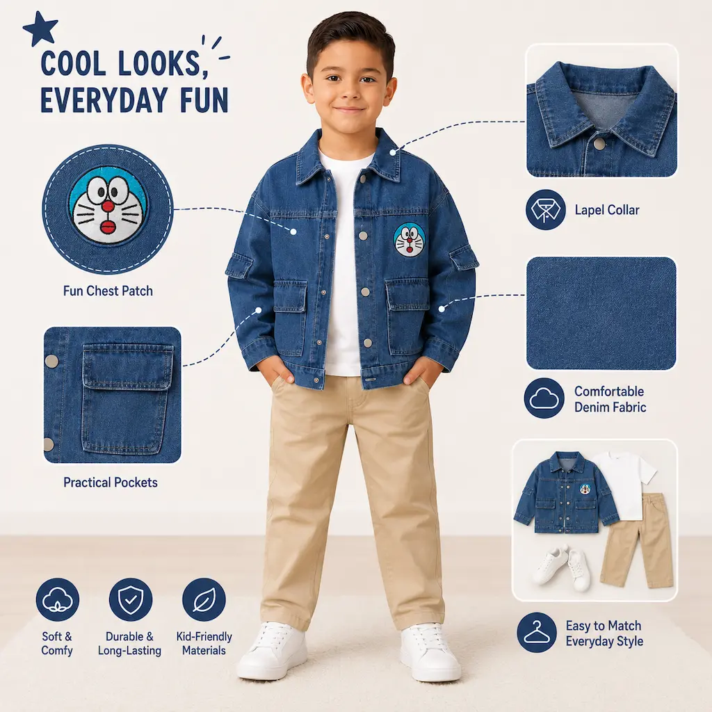 Características de chaqueta de mezclilla infantil: cuello clásico, bolsillos prácticos, tejido resistente y diseño cómodo para niños.