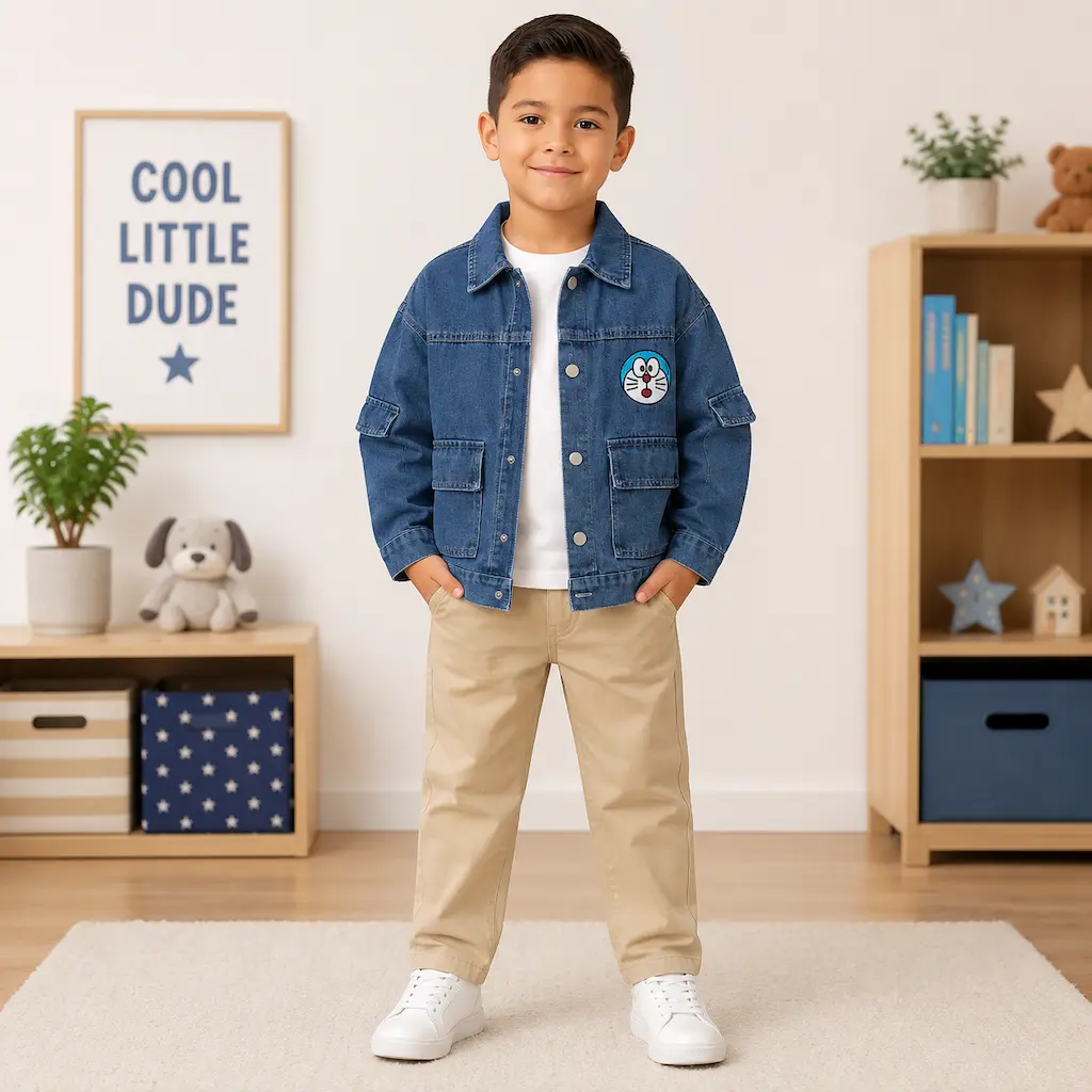 Modelo infantil colombiano con chaqueta vaquera azul para niño en un ambiente interior moderno, estilo casual y cómodo.