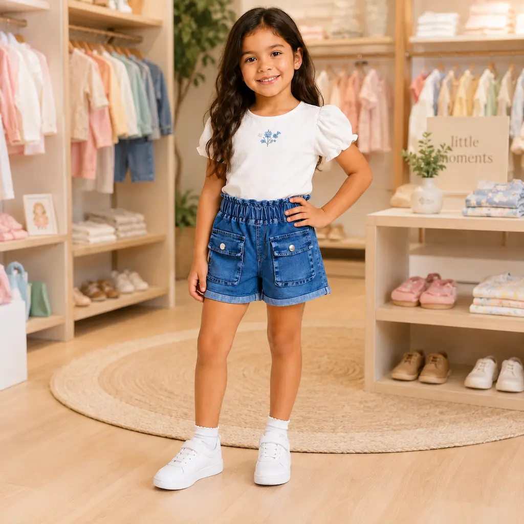 Short de jean para niñas mostrado en tienda infantil, proveedor mayorista de ropa infantil en Colombia