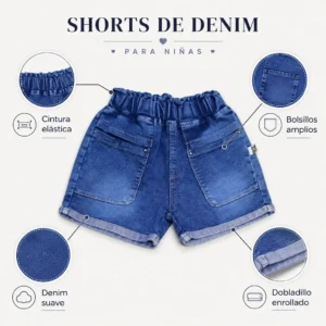 Características de shorts de mezclilla para niña: cintura elástica cómoda, bolsillos funcionales y diseño moderno infantil