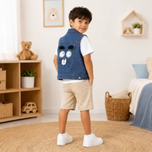 Parte trasera del chaleco vaquero infantil para niño con diseño de caricatura, ideal para moda infantil colombiana.