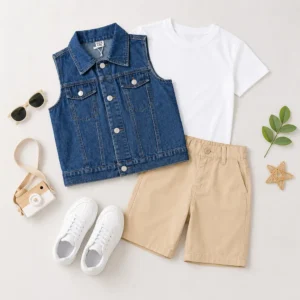 Conjunto infantil de chaleco vaquero para niño con camiseta y pantalón corto en presentación plana, ideal para venta mayorista.