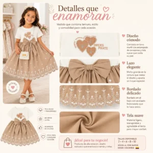 Detalle de tela suave, bordado y diseño elegante de vestido infantil para niñas