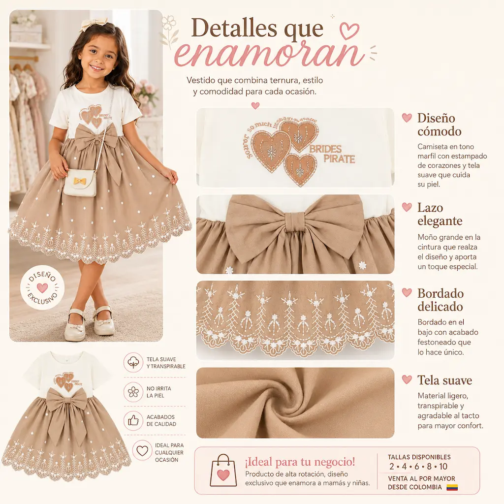Detalle de tela suave, bordado y diseño elegante de vestido infantil para niñas