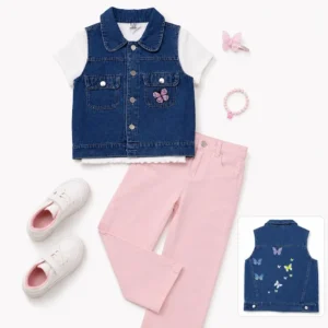 Conjunto infantil para niña con chaleco de mezclilla, prenda interior y pantalón a juego, presentado en flat lay para venta mayorista en Colombia.